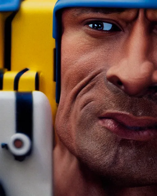 Image similar to Film still close-up shot of Dwayne Johnson as the Thomas the Tank Engine from the movie Thomas and the Magic Railroad. Photographic, photography