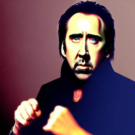 Image similar to nicolas cage fighting against osho