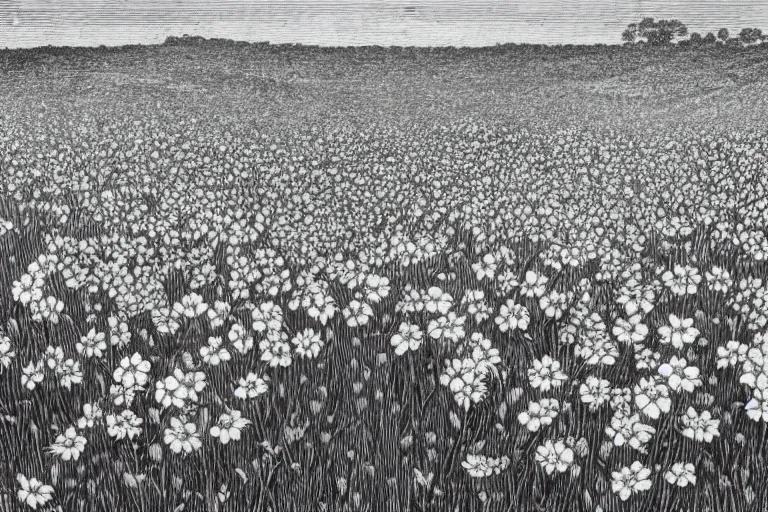 Image similar to black and white, close-up flower field, Gustave Dore lithography