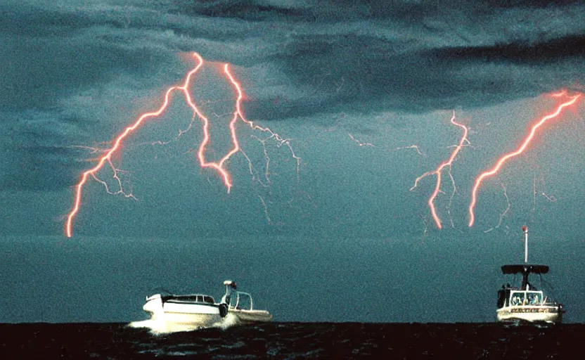 Prompt: small boat caught in a storm, red lightnings, tornado, 1995 photo