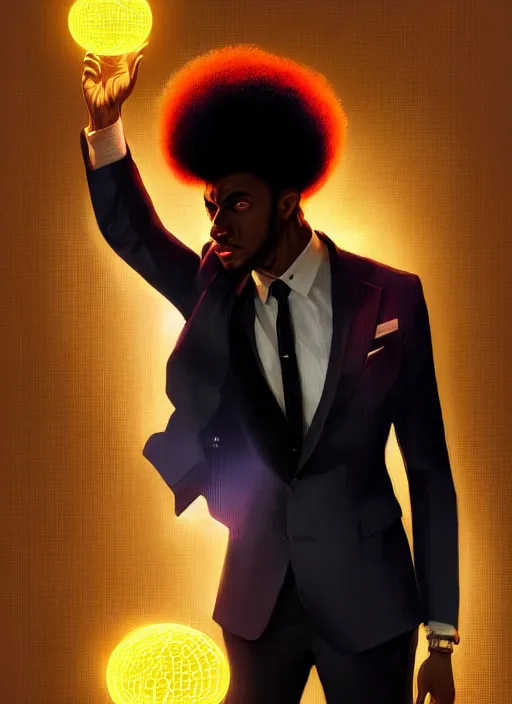 Image similar to portrait of handsome black man in tailored suit with telekinetic powers, afro - futurist style, intricate three dimensional displays, elegant, glowing lights, highly detailed, digital painting, artstation, concept art, smooth, sharp focus, illustration, art by wlop, mars ravelo and greg rutkowski