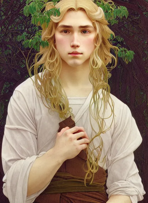 Image similar to pretty young man with shoulder length blond hair, male, half body shot, path traced, highly detailed, high quality, digital painting, by studio ghibli and alphonse mucha, leesha hannigan, hidari, art nouveau, chiho aoshima, jules bastien - lepage