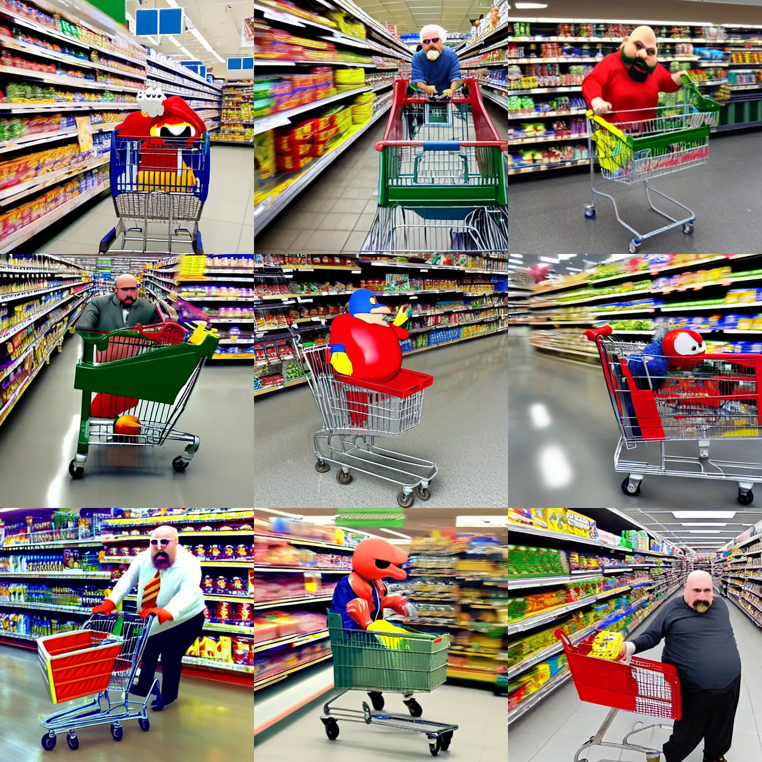 Prompt: dr. robotnik pushing a shopping cart at a supermarket