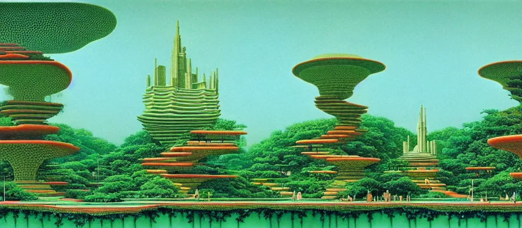 Image similar to huge gargantuan angular dimension of pagoda liminal spaces, temples by escher and ricardo bofill. utopian singaporean landscape by roger dean. magical realism, surrealism, lush sakura trees, waterfalls, thunder, lightning, vaporwave, trending on artstation, shot from below, epic scale