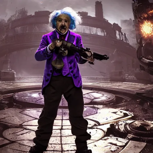 Image similar to albert einstein as willy wonka in gears of war, splash art, movie still, cinematic lighting, dramatic, octane render, long lens, shallow depth of field, bokeh, anamorphic lens flare, 8 k, hyper detailed, 3 5 mm film grain