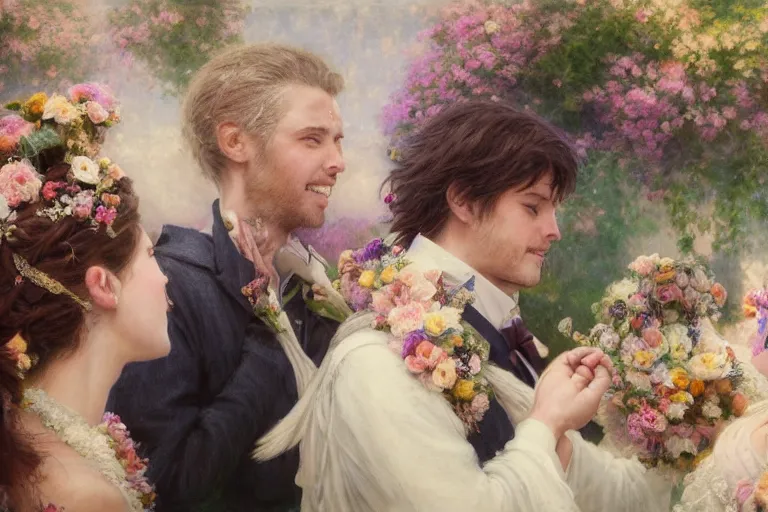 Image similar to the groom look at the bride at a wedding full of flowers, bright and happy, dreamlike art, highly detail, 4 k realistic, wedding photoy krenz cushart, artem demura, yoji shinkawa artgerm, jon lothian, danilo torres. adi meyers. thomas reimann. gaston bussiere.