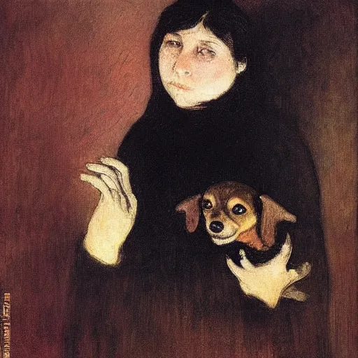 Image similar to a woman and her black and brown chihuahua by odilon redon