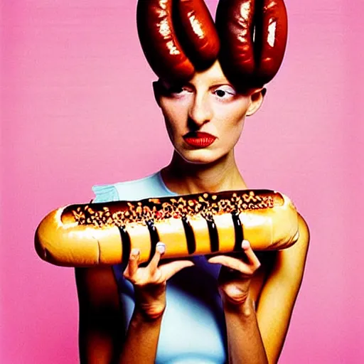 Image similar to a fashion model curls her hair using hot dogs. surreal photograph, toiletpaper magazine, 3 5 mm photograph, colourful, by pierpaolo ferrari, maurizio cattelan