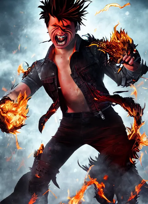 Prompt: An epic fantasy comic book style portrait painting of young man with red spiked long hair, using googles. Wearing a black waistcoat, white shirt. He is throwing a wild fire blast from his hands, with a vicious smile in face. Unreal 5, DAZ, hyperrealistic, octane render, cosplay, RPG portrait, dynamic lighting