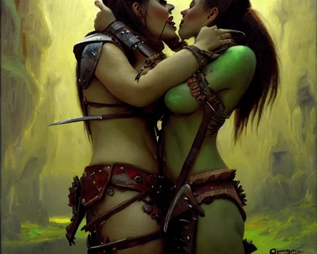 Prompt: romantic fantasy oil painting portrait of two female orc warriors kissing, wearing leather armor, their skin is green. fantasy art by greg rutkowski and john singer sargent