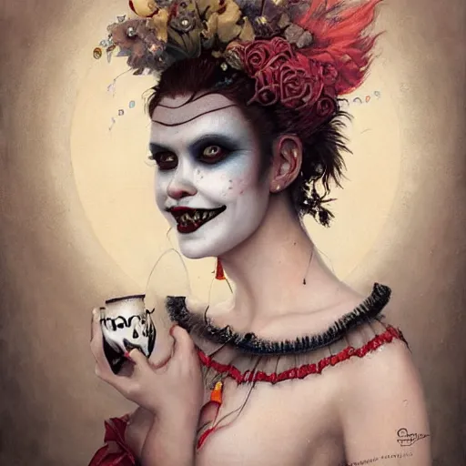 Prompt: ultra realist soft painting of a single beautiful female clown with gothic makeup big smile croocked teeth in a long dress, curiosities carnival, symmetry accurate features, very intricate details, focus, curvy, artstyle by Tom Bagshaw, award winning