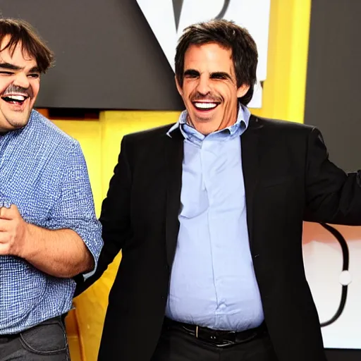 Prompt: jack black and ben stiller, laughing, candid