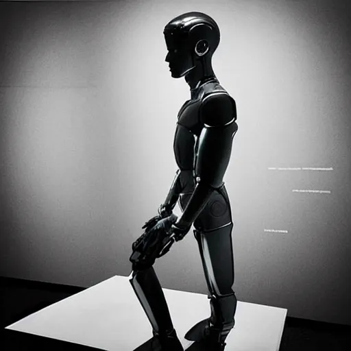 Image similar to “a realistic detailed photo of a guy who is an attractive humanoid who is half robot and half humanoid, who is a male android, actor Grant Gustin, shiny skin, posing like a statue, blank stare, at the museum, on display”