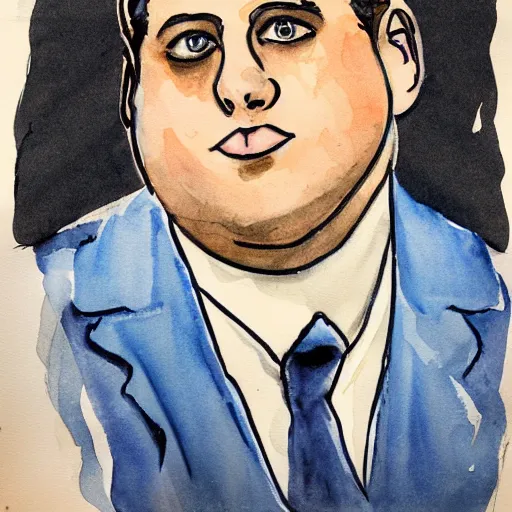 Prompt: jonah hill, stylized. Watercolor and ink. 1940s.