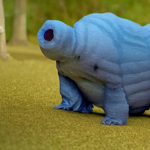 Prompt: a photo of a living dog - sized tardigrade with translucent skin walking in a park. the tardigrade evolved to be this large.