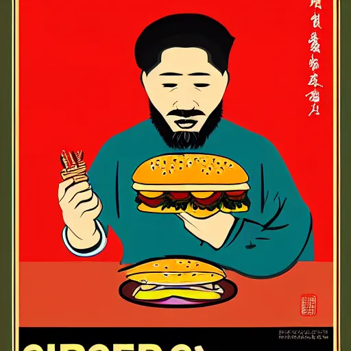 Prompt: ancient Chinese person eating a burger in communist propaganda poster. Artstation. High quality. 4k. Beautiful art.