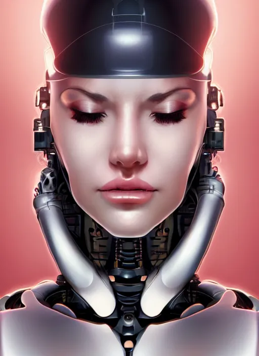 Image similar to portrait of a cyborg woman who turns her head to the ((((((right))))) left+3 (((((up))))) (((((down))))) by Artgerm,eyes closed , biomechanical, hyper detailled, trending on artstation