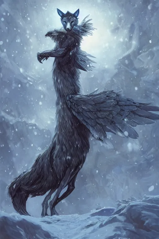 Image similar to blue wolf with wings, standing facing front, regal, elegant, winter, snow, moonlit, hd, illustration, epic, d & d, fantasy, intricate, elegant, highly detailed, digital painting, artstation, concept art, smooth, sharp focus, illustration, wallpaper, art by artgerm and greg rutkowski and alphonse mucha and jin xiaodi