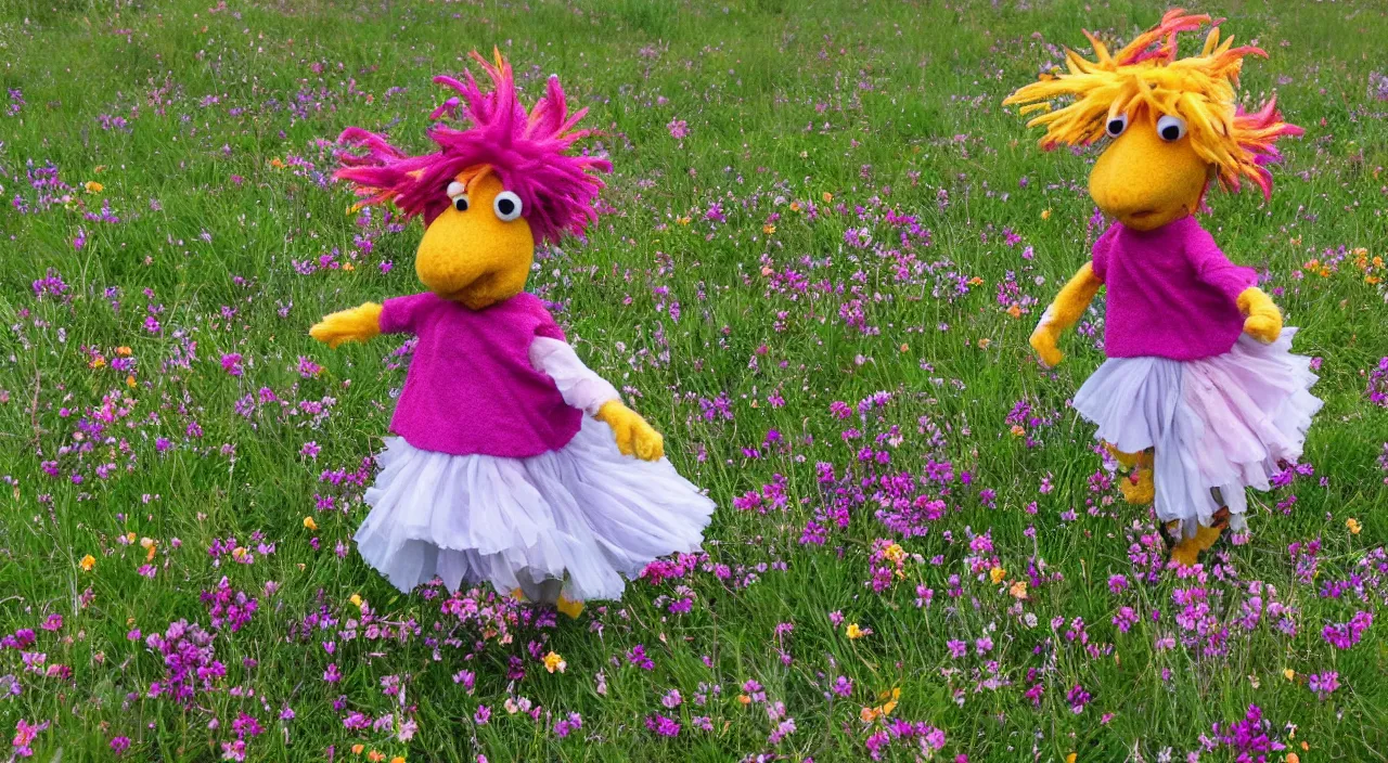 Prompt: wembley fraggle dancing on a flowery meadow