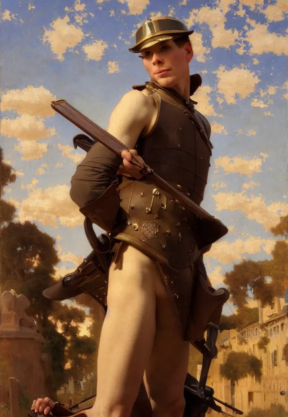 Image similar to attractive handsome fully clothed christopher tietjens confesses his love for attractive fully armored valentine wannop. centered composition. highly detailed painting by gaston bussiere and j. c. leyendecker and william adolphe bouguereau and fra angelico and octane render, musee d'orsay 8 k