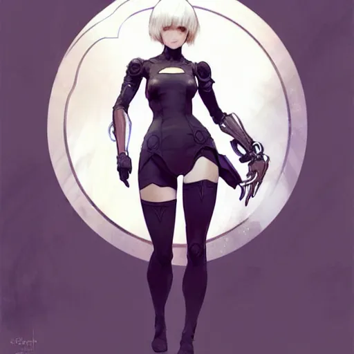 Image similar to a digital concept art by artgerm and greg rutkowski and alphonse mucha. clear portrait of 2 b nier automata in a skintight clothes!! hyper detailed, character concept, full body!! dynamic pose, glowing lights!! intricate, elegant, highly detailed, digital painting, artstation, concept art, smooth, sharp focus, illustration