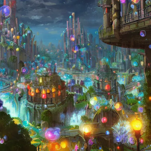 Image similar to a utopian city, filled with fauna, with bubbles floating around everywhere, dynamic lighting, fantasy concept art, trending on art station, stunning visuals, creative, cinematic, ultra detailed