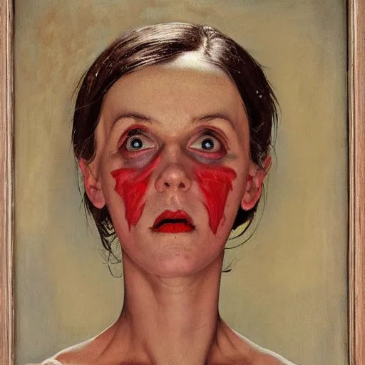 Prompt: Frontal portrait of a demon. Her skin is not quite fleshy, but bony. A painting by Norman Rockwell.