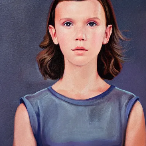 Image similar to Millie Bobby Brown portrait oil painting by zeenchin and ericanthonyj