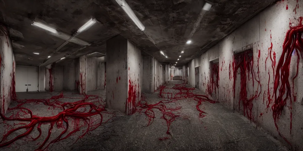 Prompt: a photo of a blood-oozing amorphous blood-colored blob composed of muscle, bones, and writhing tendrils made of muscles and tendons lurking in a long dark concrete corridor, illuminated only by an on-camera flash, cinematic 8K HDR