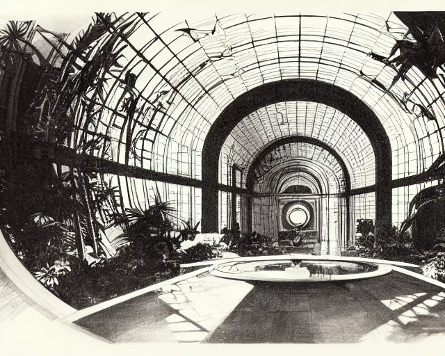 Image similar to architectural sketch contest winner. bright red dome containing a bright tropical garden. hugh ferriss, john singer sargent, piranesi