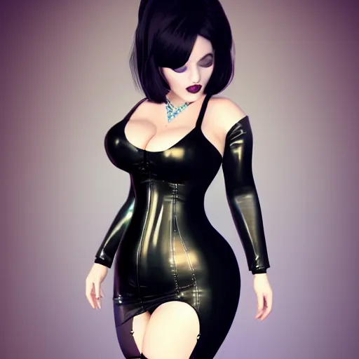Prompt: thicc curvy feminine goth bombshell cutie with a thin waist in an elaborate polished gold-blue-black latex dress with stockings, cgsociety, photorealistic, sublime-classy-dignified ambience, 16k, sharp focus, trending on ArtStation, volumetric lighting, fully clothed, worksafe