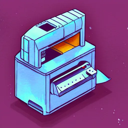 Image similar to an isometric watercolor illustration of an old printer in space, flat synthwave art style