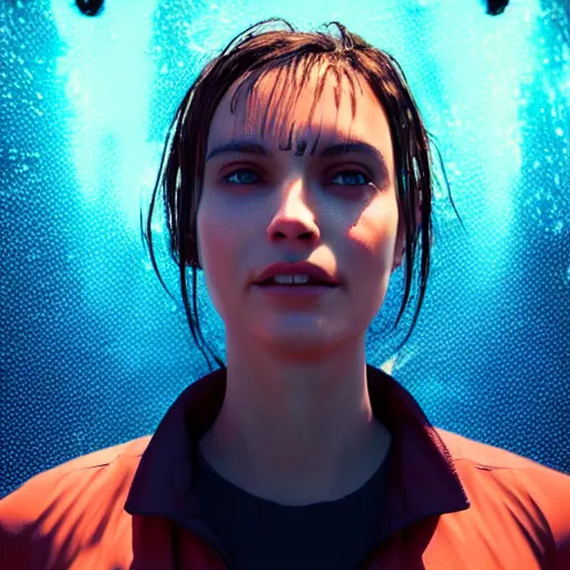 Image similar to human portrait made out of rain, beautiful, neon, epic detail, galactic background, rendered in octane, unreal engine, realistic