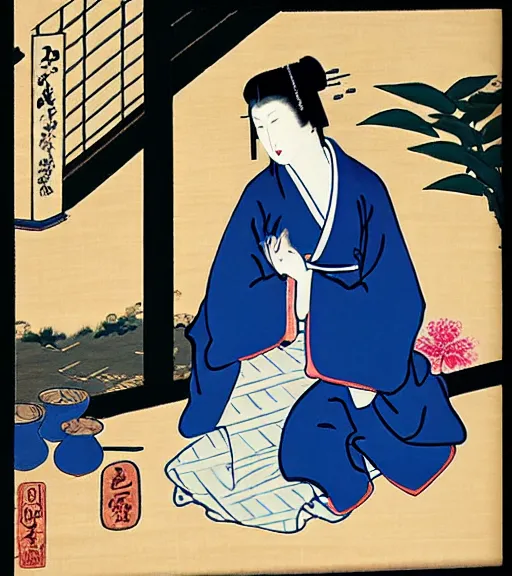 Image similar to madonna the singer in a beautiful kimono holding in her hand a fan, sitting on the floor next to a black and white playing cat, in the background a folding screen with blue irises and a window with bamboo. in the style of bijin - ga.