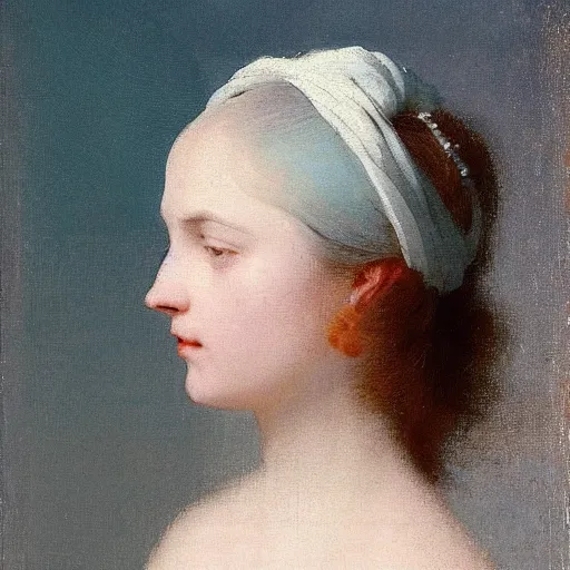 Prompt: a young woman’s face, her hair is white, she wears a long flowing blue satin veil, by ivan aivazovsky and and pieter claesz and paul delaroche and alma tadema and august malmstrom and and willen claesz heda and aelbert cuyp and gerard ter borch, hyperrealistic, rendered in octane