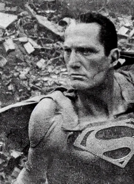 Prompt: “Close-up of very old and tired and bald Superman flying over destroyed city. Newspaper photo.”