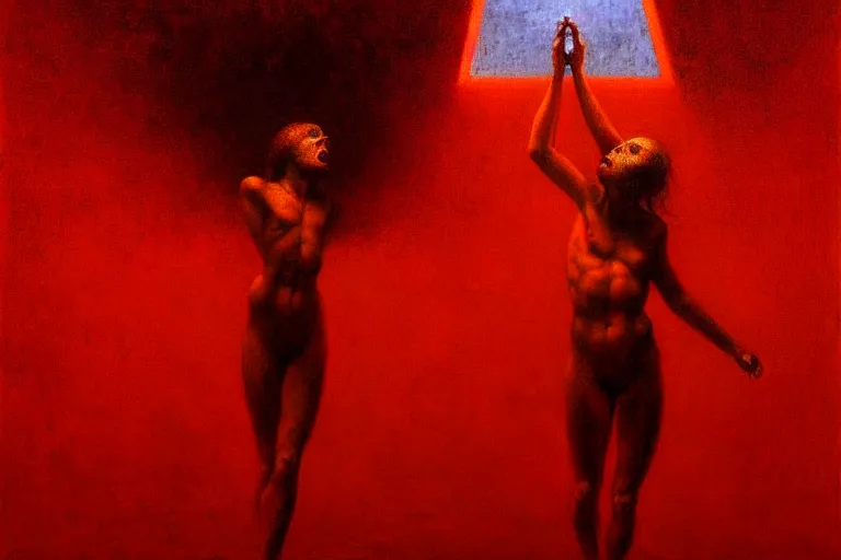 Image similar to only with red, a red angel announce the win, at the gates of a rich renaissance city, pathos, in the style of beksinski, part by hopper, part by rodcenko, part by hofbauer, intricate composition, red by caravaggio, insanely quality, highly detailed, masterpiece, red light, artstation