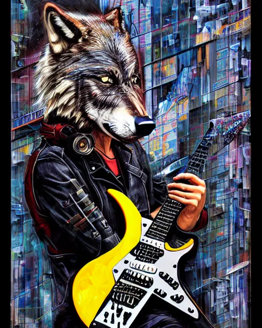 Image similar to a portrait of an anthropomorphic cyberpunk wolf shredding an electric guitar by sandra chevrier, by jon foster, detailed render, tape deck, epic composition, cybernetics, 4 k realistic, cryengine, realistic shaded lighting, sharp focus, masterpiece, by enki bilal