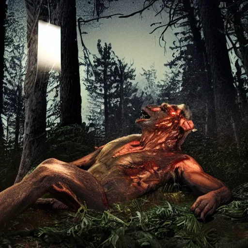 Image similar to man ripping off his skin turning into a werewolf, forest scenery, full moon, illuminated lighting, highly detailed, 4 k