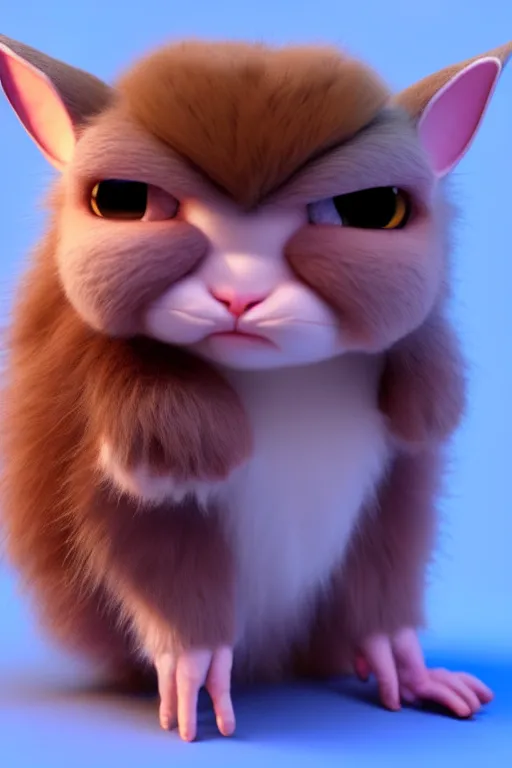 Prompt: high quality 3 d render hyperrealist very cute multipastel fluffy! cyclops cat tarsier hybrid with detailed fluffy wings!!, vray smooth, in the style of detective pikachu, hannah yata charlie immer, dramatic blue light, low angle, uhd 8 k, sharp focus