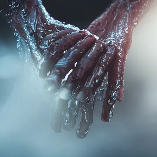 Prompt: wet sweating hands, macro, wide angle, elaborate, dripping wet hands, highly detailed, beautiful lighting