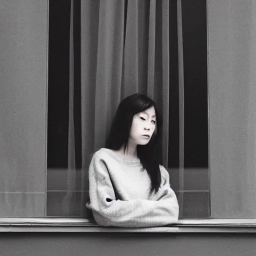 Image similar to a woman sitting on a window sill looking out the window, grey sweater, a stock photo by chen jiru, tumblr, aestheticism, movie still, pretty, pixiv