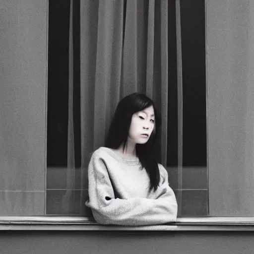 Prompt: a woman sitting on a window sill looking out the window, grey sweater, a stock photo by chen jiru, tumblr, aestheticism, movie still, pretty, pixiv