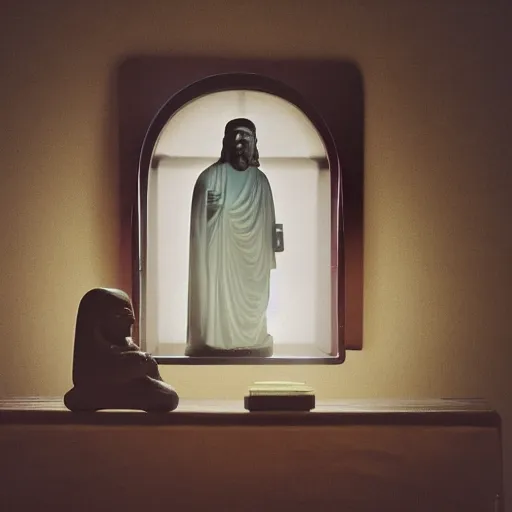 Image similar to wide angle photo, cozy room with window light, mirror and statuette of hotei and open book with jesus picture on a table, hyperrealism, light color, no hard shadow, pastel colours, polaroid photo