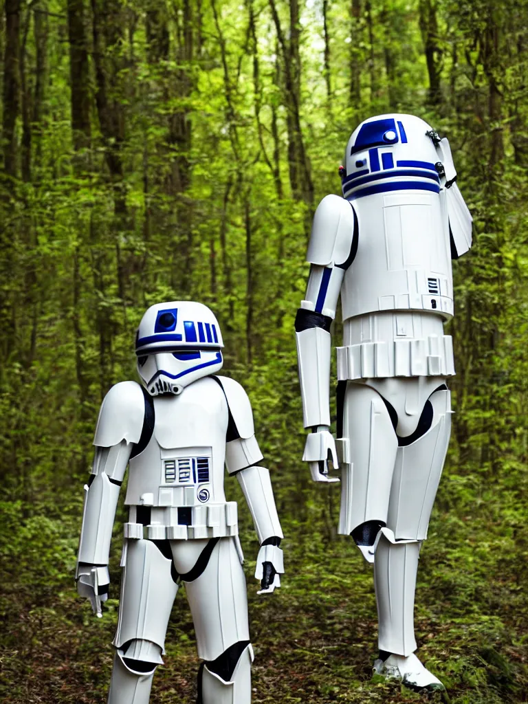 Image similar to still of a stormtrooper R2-D2, standing in the forest, golden hour, high quality, sigma 55mm, full body shot, ewoks