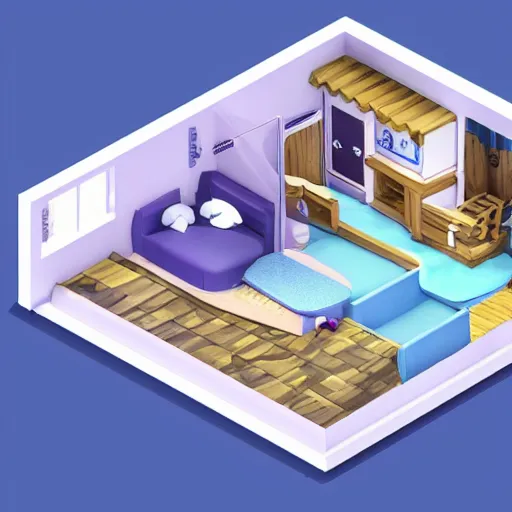 Prompt: small cute mobile game house, blue and purple scheme, 1 0 0 mm, 3 d render, isometric, diorama, blue background,