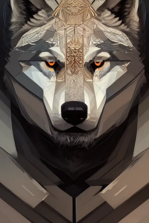 Image similar to symmetry!! portrait of a good looking wolf man, machine parts embedded into face, intricate, elegant, highly detailed, digital painting, artstation, concept art, smooth, sharp focus, illustration, art by artgerm and greg rutkowski and alphonse mucha, 8 k