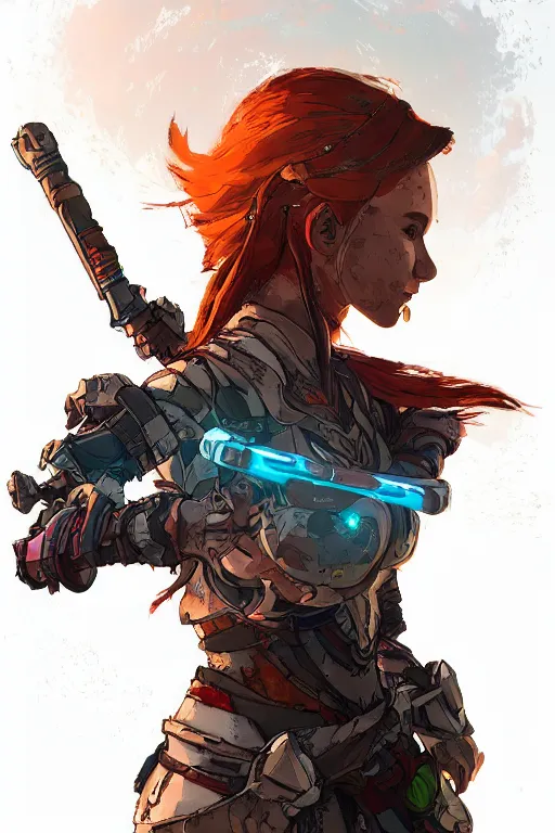 Image similar to combination suit armor aloy horizon forbidden west horizon zero dawn radiating a glowing aura global illumination ray tracing hdr fanart arstation by ian pesty and alena aenami artworks in 4 k tribal robot ninja mask helmet backpack