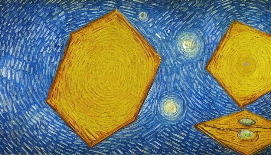 Image similar to the sun being blocked by a hexagon in space, planet earth in the foreground, painted by van gogh