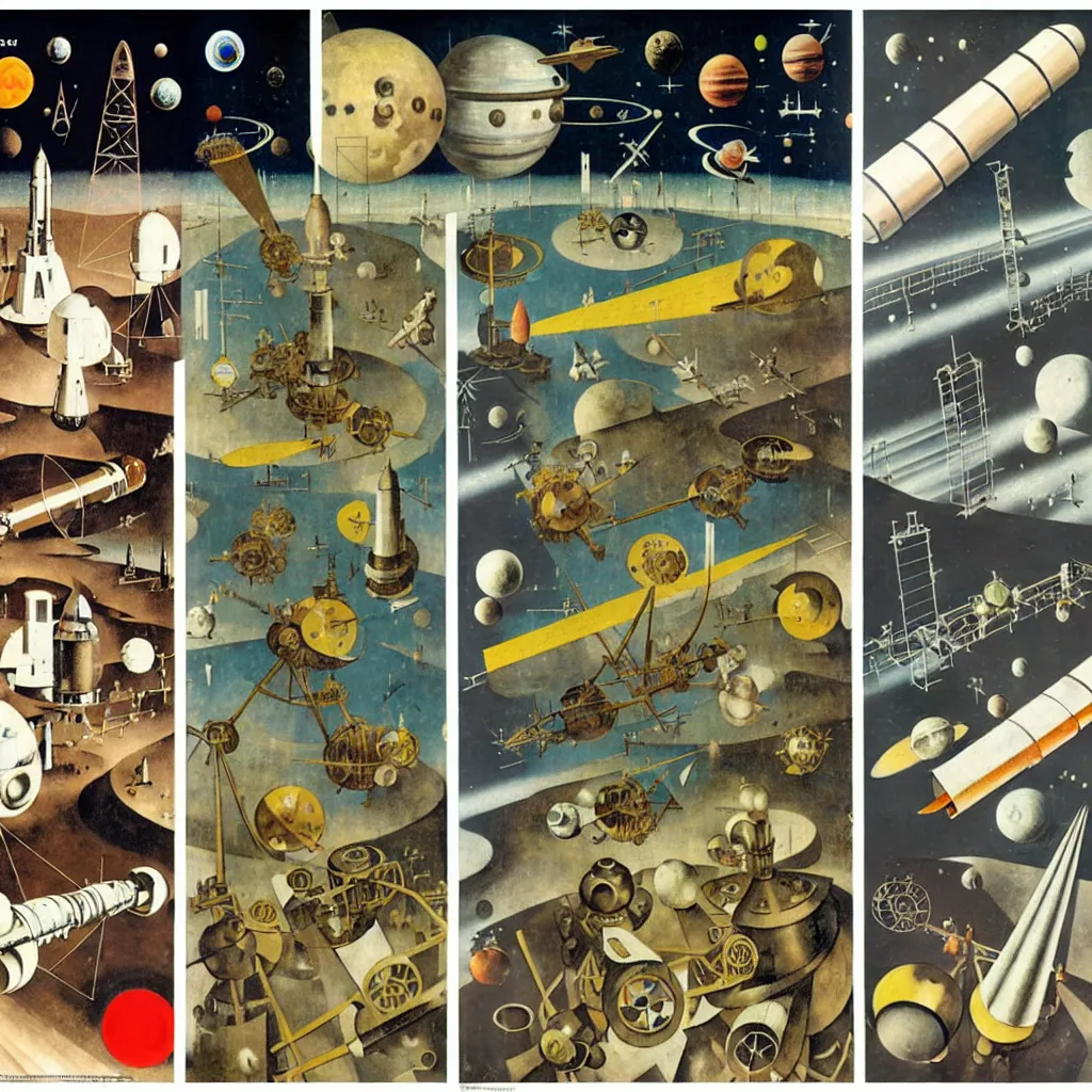 Prompt: 1950 magazine cut out collage of steam punk machinery for space exploration painted by neo rauch, alfons maria mucha, hieronymus bosch